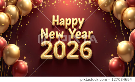 Golden Celebration: A Festive New Year 2026 Greeting with Balloons and Confetti Golden Celebration: A Festive New Year 2026 Greeting with Balloons and Confetti 127084694