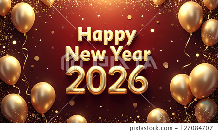 Festive Happy New Year 2026 Celebration with Golden Balloons and Confetti 127084707
