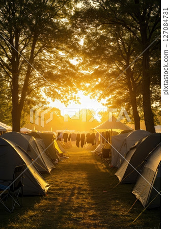 Wide landscape view of festival camping ground with tent silhouettes and warm golden evening light creating long shadows 127084781