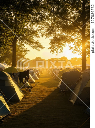 Wide landscape view of festival camping ground with tent silhouettes and warm golden evening light creating long shadows 127084782