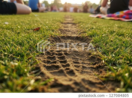 Extreme macro detail of trampled grass and dusty pathways showing environmental impact of large outdoor music gathering 127084805