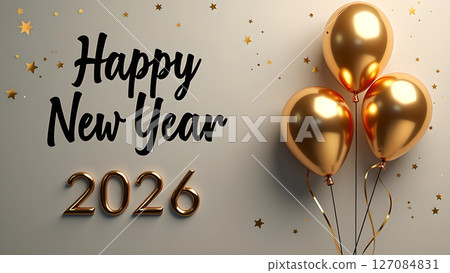Elegant Happy New Year 2026 Celebration with Golden Balloons and Sparkling Stars 127084831