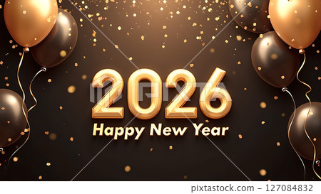 Elegant Happy New Year 2026 Celebration with Golden Balloons and Confetti 127084832