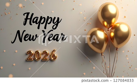 Elegant Happy New Year 2026 Celebration with Golden Balloons and Sparkling Confetti 127084833