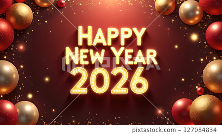 Festive Happy New Year 2026 Illustration with Golden and Red Ornaments 127084834