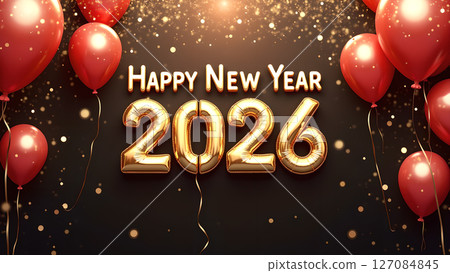 Festive Happy New Year 2026 Celebration with Golden Balloons and Glittering Lights 127084845