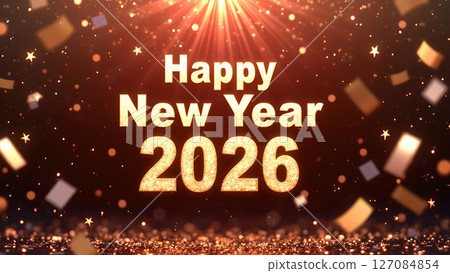 Festive Happy New Year 2026 Celebration with Golden Confetti and Sparkling Lights Festive Happy New Year 2026 Celebration with Golden Confetti and Sparkling Lights 127084854