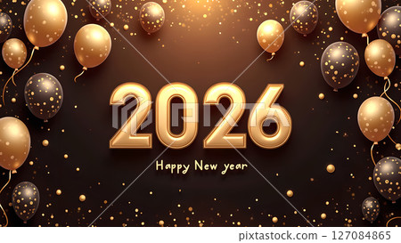 Elegant 2026 New Year Celebration with Golden Balloons and Confetti Design 127084865