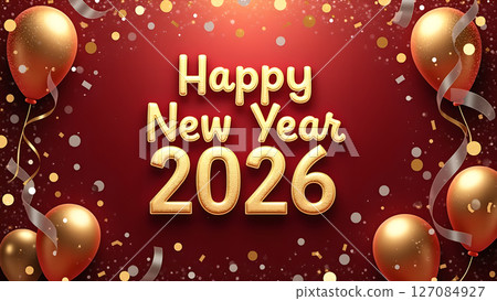 Elegant Happy New Year 2026 Celebration with Golden Balloons and Confetti 127084927
