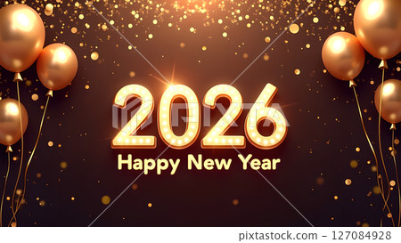 Elegant happy new year 2026 celebration with golden balloons and sparkling lights 127084928
