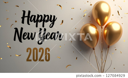 Festive celebration: Happy New Year 2026 with golden balloons and confetti 127084929