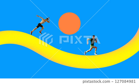 Abstract sport design. Two runners in motion on 3D yellow curving track against bright blue background with orange circle. Abstract sport design. Two runners in motion on 3D yellow curving track against bright blue background with orange circle. 127084981