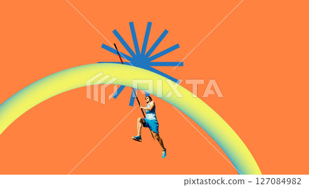 Abstract sport design. Male pole vaulter leaping in air over yellow-blue gradient 3D shape against orange background with shape, as sun. 127084982