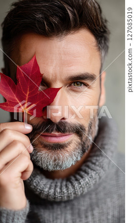 Man holding a vibrant red maple leaf near his face, wearing a cozy sweater, showcasing autumn vibes and natural beauty in a warm atmosphere Man holding a vibrant red maple leaf near his face, wearing a cozy sweater, showcasing autumn vibes and natural beauty in a warm atmosphere 127085019