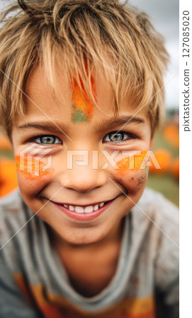 Young boy with painted face is smiling joyfully in a pumpkin patch, surrounded by vibrant orange pumpkins and a cheerful autumn atmosphere Young boy with painted face is smiling joyfully in a pumpkin patch, surrounded by vibrant orange pumpkins and a cheerful autumn atmosphere 127085020