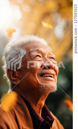 Elderly man with gray hair smiles joyfully while looking up at falling leaves in a vibrant autumn setting, capturing a moment of happiness 127085025