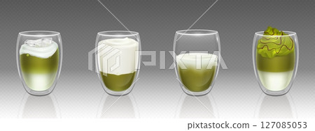 Matcha tea variations in double wall glass cups Matcha tea variations in double wall glass cups 127085053