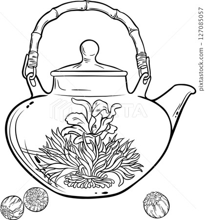 Flowering Tea isolated Outline Illustration for Design and Decoration for Cafeteria, Posters, Banners, Cards. 127085057