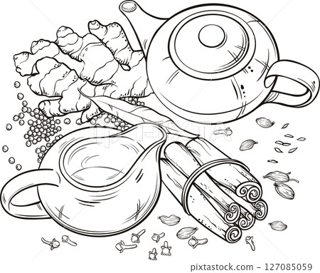 Traditional Indian Masala Tea Outline Illustration 127085059