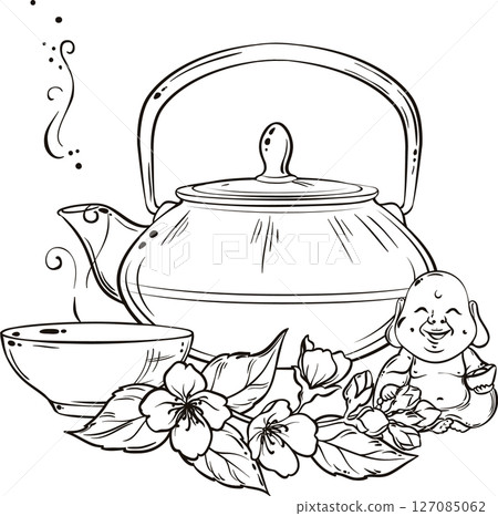 Cup of Jasmine Tea and Teapot isolated for Design and Decoration for Cafeteria, Posters, Banners, Cards. Mug of winter warming hot drink. Aroma beverage Outline Illustration. Cup of Jasmine Tea and Teapot isolated for Design and Decoration for Cafeteria, Posters, Banners, Cards. Mug of winter warming hot drink. Aroma beverage Outline Illustration. 127085062
