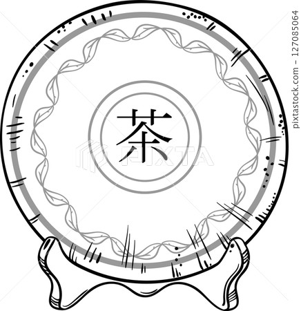Chinese Tea Puer on Wooden Stand Isolated Outline Illustration for Design and Decoration for Cafeteria, Posters, Banners, Cards. Chinese Tea Puer on Wooden Stand Isolated Outline Illustration for Design and Decoration for Cafeteria, Posters, Banners, Cards. 127085064