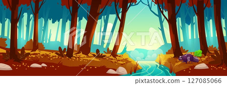 Autumn forest landscape with river and skunk Autumn forest landscape with river and skunk 127085066