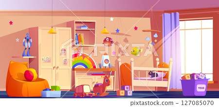 Small mouse in children bed in kid bedroom 127085070