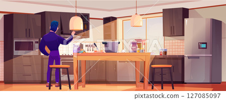 Cartoon man looking inside kitchen cabinet Cartoon man looking inside kitchen cabinet 127085097