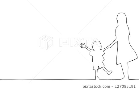 Line drawing illustration of a mother and child holding hands Line drawing illustration of a mother and child holding hands 127085191