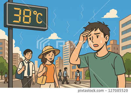 A man and people in the city exhausted by the scorching heat of 38 degrees 127085520