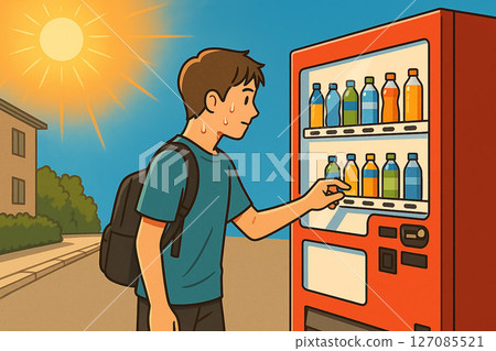 一名男子在烈日下大汗淋漓地買飲料 127085521