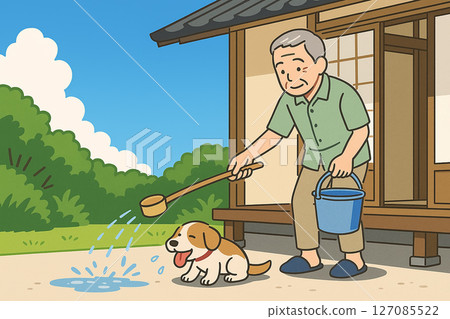 一位老人在炎熱的天氣裡灑水 127085522