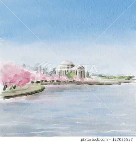 Cherry Blossom Festival in Washington DC. Jefferson Memorial during sakura.Lake with pink trees in the background. Postcard or template background. Watercolor illustration. Hand drawing. Cherry Blossom Festival in Washington DC. Jefferson Memorial during sakura.Lake with pink trees in the background. Postcard or template background. Watercolor illustration. Hand drawing. 127085557