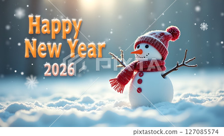 Whimsical snowman celebrates new year 2026 amidst falling snowflakes Whimsical snowman celebrates new year 2026 amidst falling snowflakes 127085574