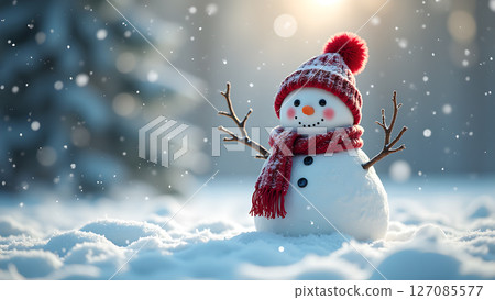 Charming snowman with a red hat and scarf amidst gentle falling snowflakes Charming snowman with a red hat and scarf amidst gentle falling snowflakes 127085577