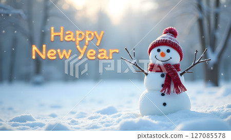 Festive snowman in winter wonderland wishes happy new year with sparkling text Festive snowman in winter wonderland wishes happy new year with sparkling text 127085578