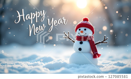 Charming snowman adorned in red amidst a snowy landscape celebrating new year Charming snowman adorned in red amidst a snowy landscape celebrating new year 127085581