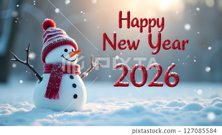 Festive New Year 2026 Celebration Featuring Snowman with Cheerful Expressions 127085584