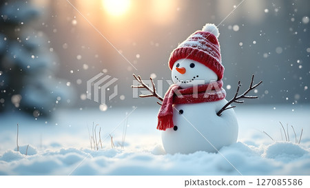 Snowman wearing a knitted hat and scarf in winter wonderland landscape 127085586