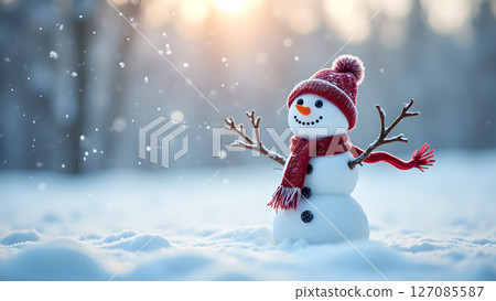 Charming snowman figure standing amid snowfall capturing the magic of winter 127085587