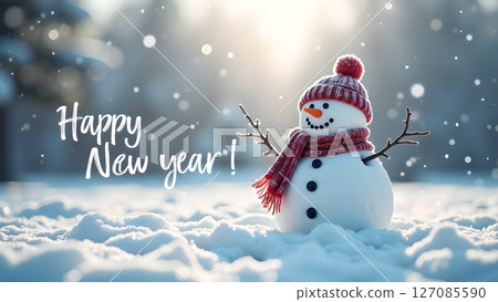 Festive winter greeting card featuring a charming snowman scene in gentle snowfall Festive winter greeting card featuring a charming snowman scene in gentle snowfall 127085590