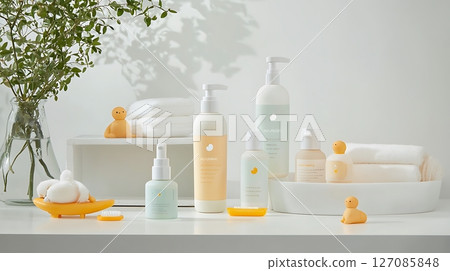 A display of baby care products, including lotion, shampoo, and soap A display of baby care products, including lotion, shampoo, and soap 127085848