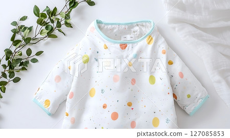 A baby's long sleeved shirt with a colorful pattern of dots and circles 127085853