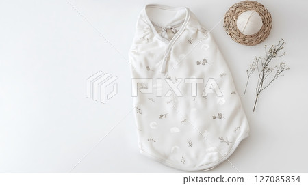 A white blanket with a flower pattern is on a table 127085854