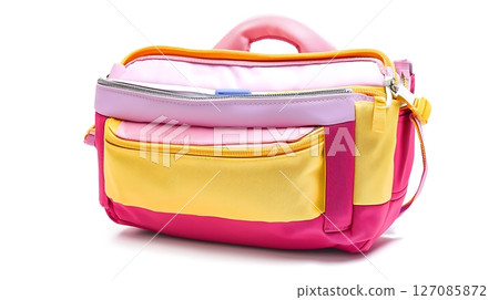 A pink, yellow and white purse with a zipper pocket 127085872