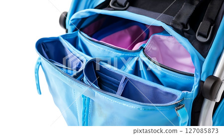 A blue bag with a zipper and a pocket 127085873