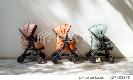 Three strollers are lined up against a wall, each with a different color 127085878