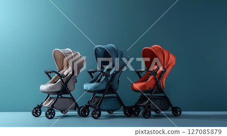 Three strollers are lined up next to each other, each with a different color 127085879