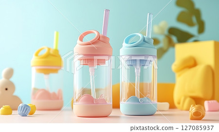 Three clear plastic cups with straws, one pink, one blue, and one yellow 127085937