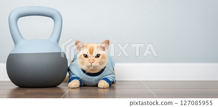 Burmese cat near soft kettlebell in minimalist room interior. 127085955